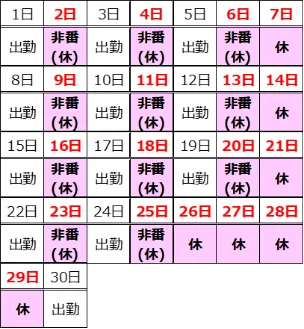 隔日勤務・正社員シフト例